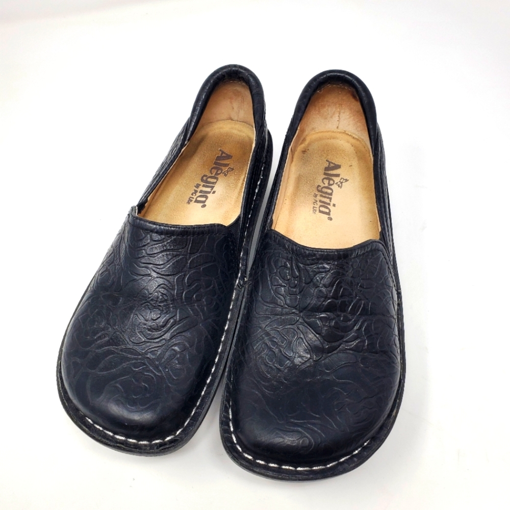 Alegria Debra black embossed rose slip on shoes